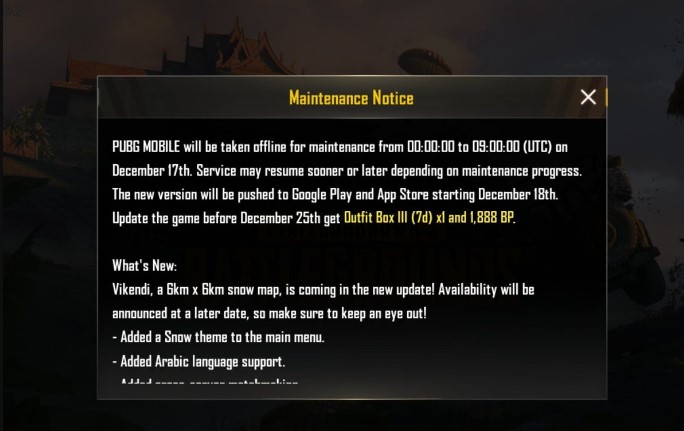 Server PUBG Mobile yang lagi maintenance atau down